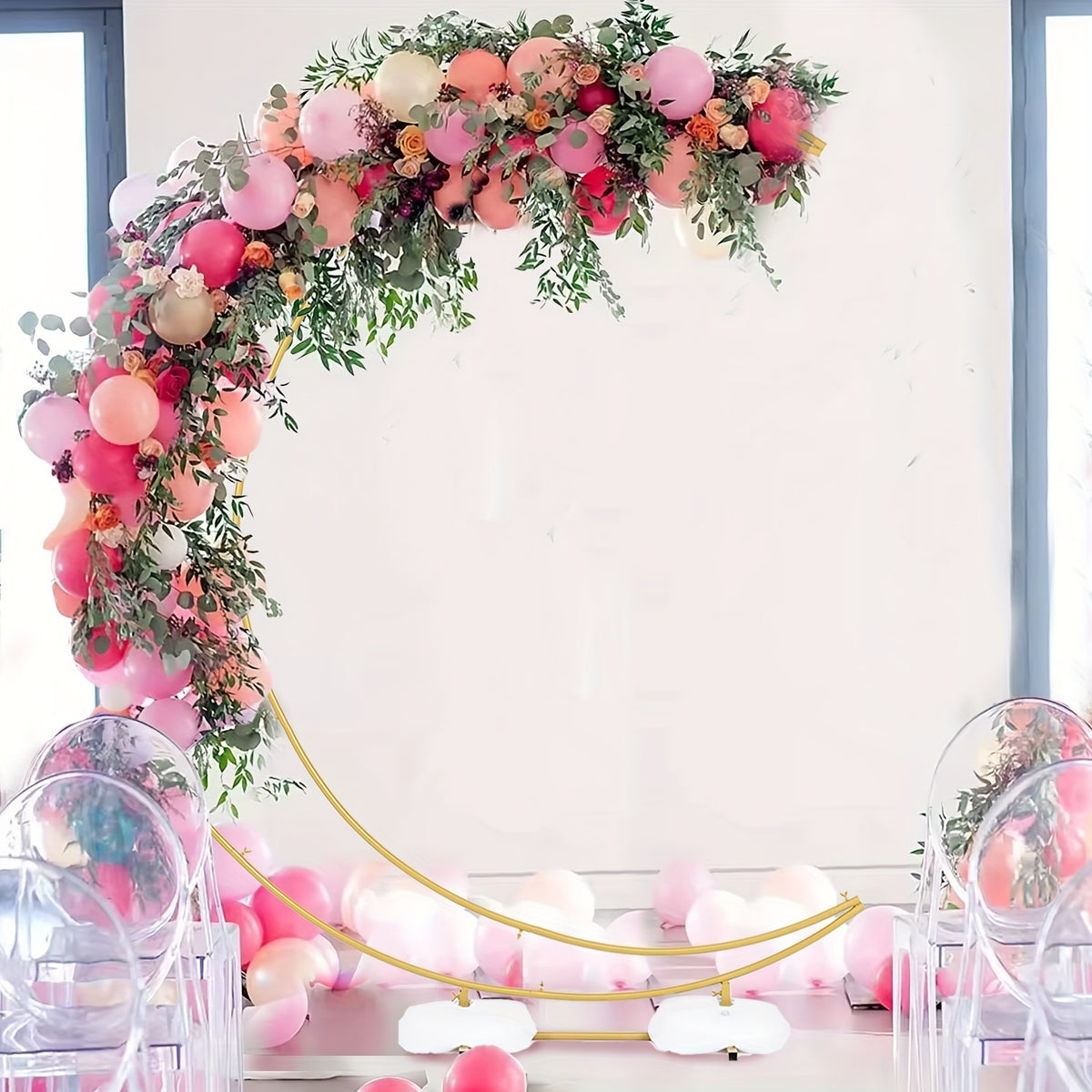 Golden Wedding Arch Stand - Heavy-Duty Metal Half-Crescent Moon Backdrop with Stable Base, Golden Ceremony Arch for Wedding, Birthday, Party Decorations - Indoor/Outdoor Event Decoration Stand, Romantic Event Decor, Sophistic