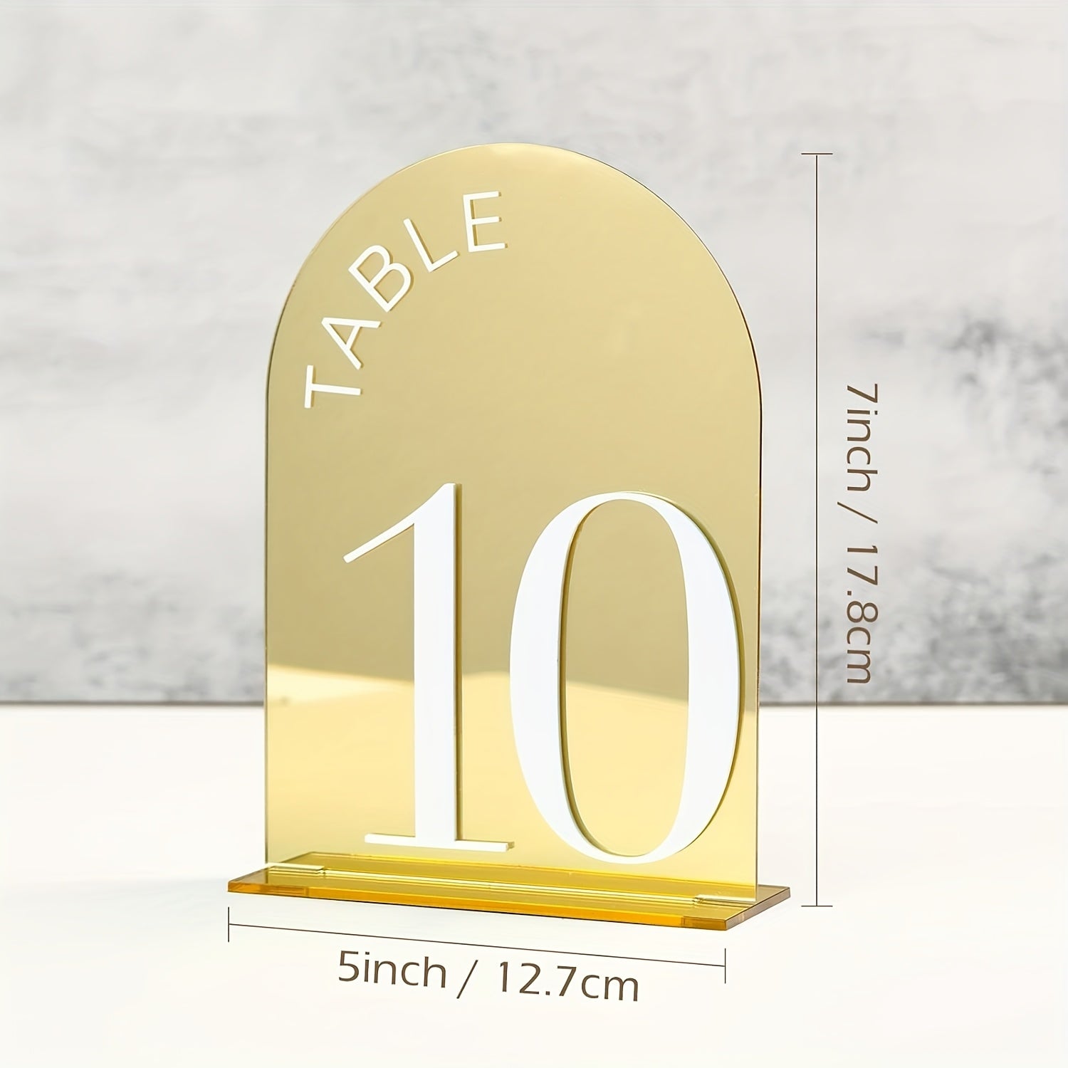 Golden Arch-Shaped Number Table Sign 1-10 with Stand – 10cm x 15cm Acrylic Desktop Holder Featuring Elegant Typography,