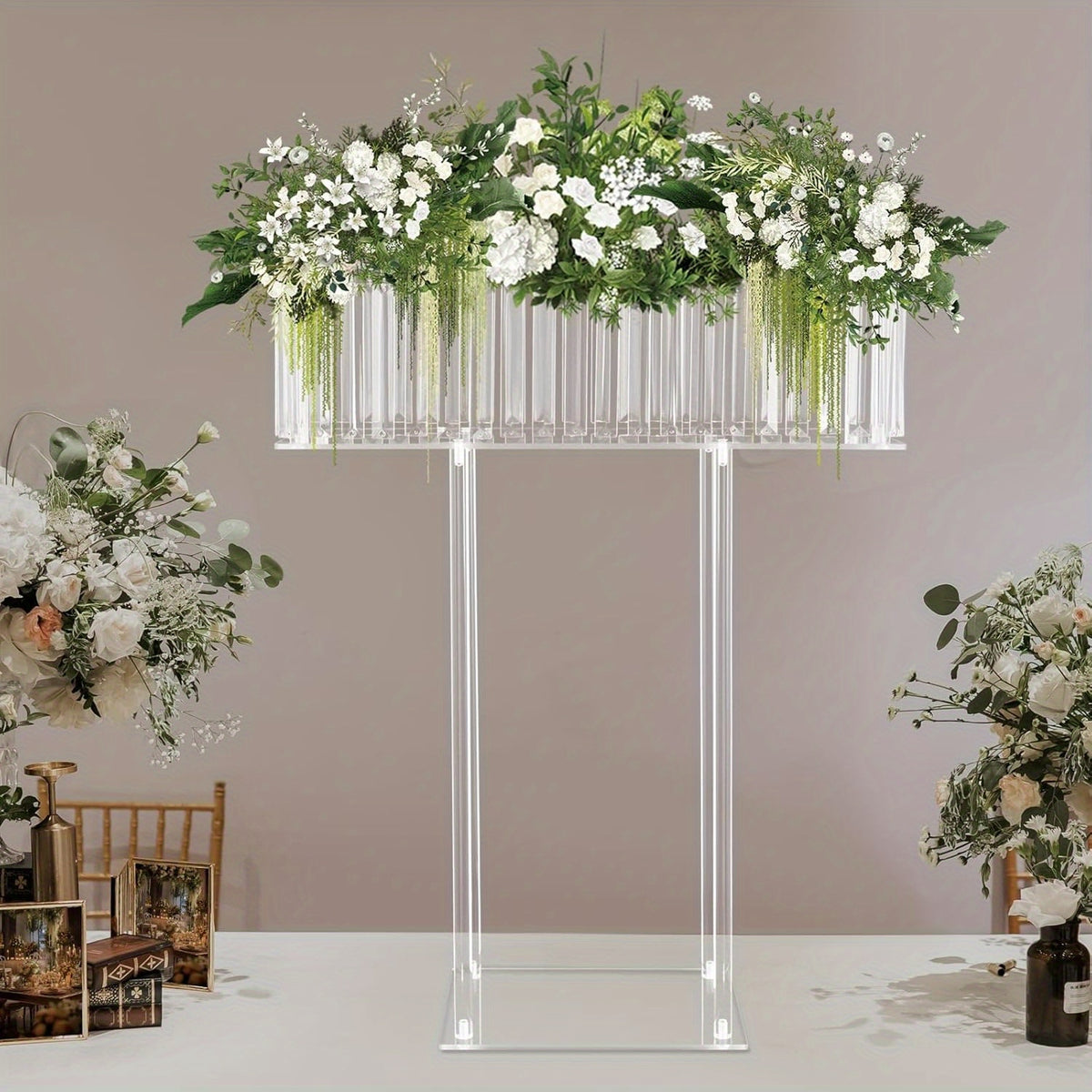 Large Modern Acrylic Wedding Flower Stand with Hanging Pendants - 9.36meter-like Height (59.94cmL x 77.98cmH) Clear Vase, Sturdy Base /Table Centerpiece