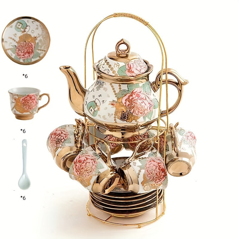 Deluxe Floral Ceramic Tea Set with Golden Stand - 20-Piece Hand-Painted Tea Service for 6, Includes Cups, Saucers, Spoons, Teapot - BPA Free, Hand Wash Only, Leak Proof, Insulated for Mother's Day, Thanksgiving, Elegant Gifti