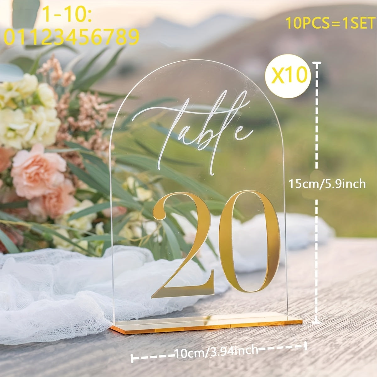 Acrylic Wedding Table Number Plate 1-10 with Stand, 10.01 x 15.01cm Elegant Golden Durable Thick Style Suitable