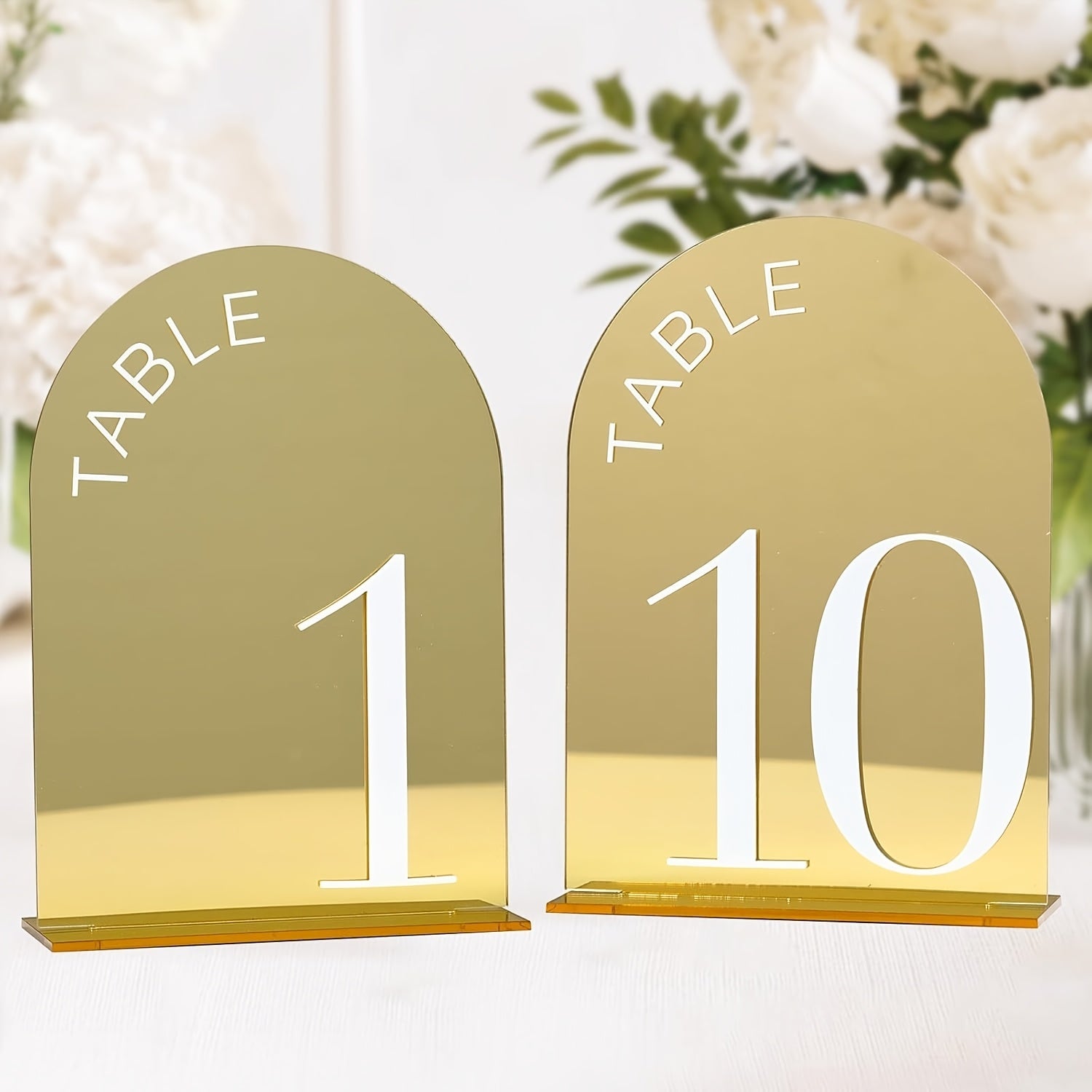 Golden Arch-Shaped Number Table Sign 1-10 with Stand – 10cm x 15cm Acrylic Desktop Holder Featuring Elegant Typography,