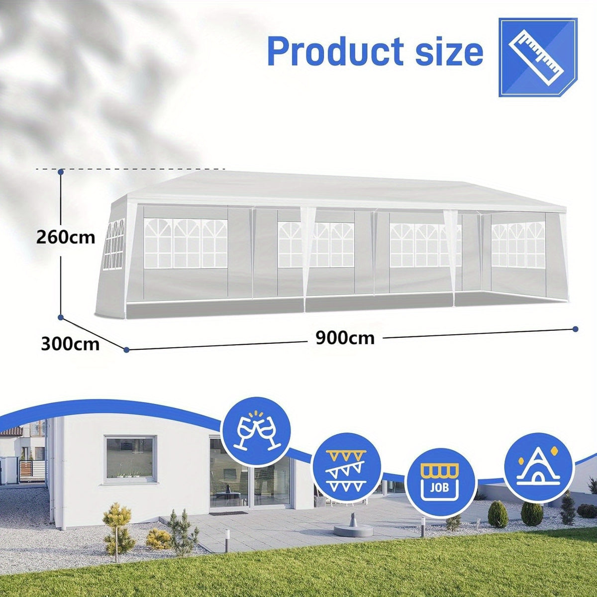 Bonnol Extra Large 3x9m White Gazebo with 8 Removable Side Walls - Heavy-Duty PE Roof & Sturdy Iron Frame, UV 50+ Sun Protection, Wedding/Party/Market Tent with Easy Setup, Spacious Canopy for Events, Durable Garden Pavilion,