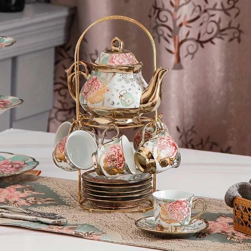 Deluxe Floral Ceramic Tea Set with Golden Stand - 20-Piece Hand-Painted Tea Service for 6, Includes Cups, Saucers, Spoons, Teapot - BPA Free, Hand Wash Only, Leak Proof, Insulated for Mother's Day, Thanksgiving, Elegant Gifti