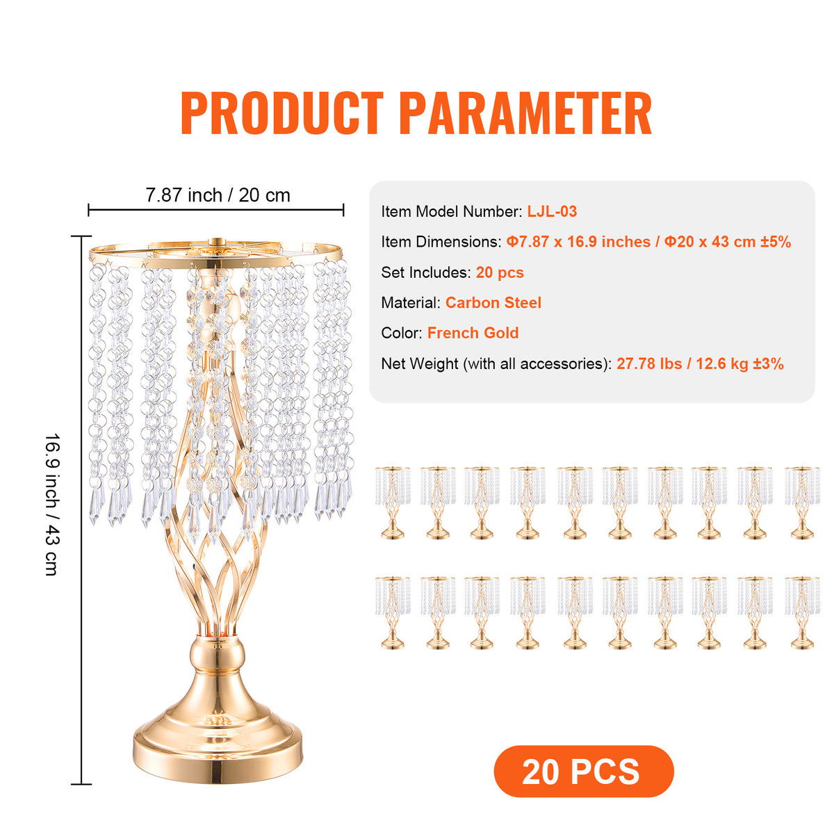 VEVOR 20pcs 43cm/16.9" Tall Crystal Wedding Flower Stand Vase for Party Decor