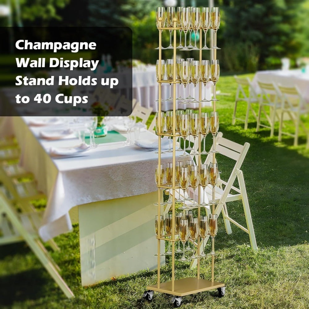 Party Champagne Wall, 5-layer movable champagne wall rack, capable of accommodating 40 tall glasses of various sizes, metal champagne tower, wheeled glass rack, small size, suitable for parties, weddings, events, and Christma