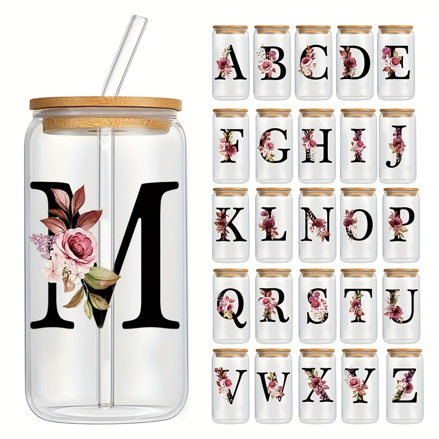 16oz Glass Coffee Mug with Bamboo Lid & Straw - A-Z Letter Design, Perfect for Office & Home Use, Ideal Birthday or Holiday Gift for Women