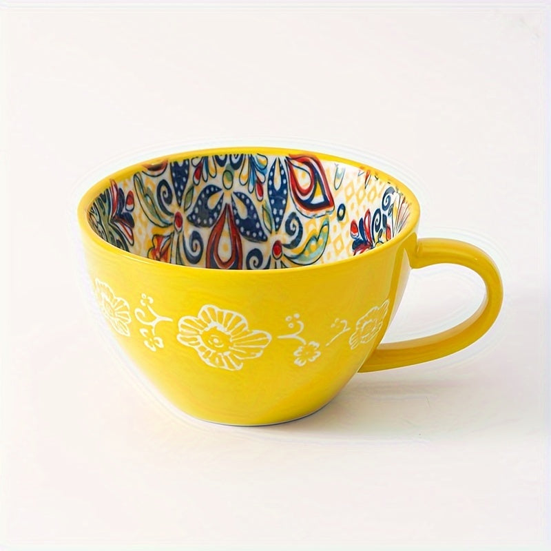 1PC 15OZ Bohemian Ceramic Coffee Mug, Large Capacity, Insulated, Machine Washable, Reusable Multipurpose Cup for Microwave Heating Milk & Coffee