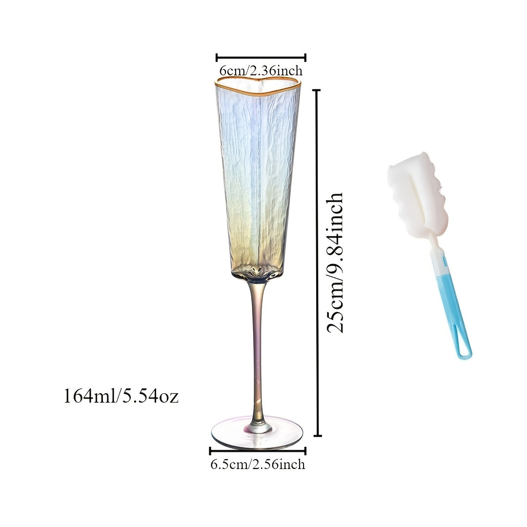 Elegant 5.54oz Champagne Flute with Gold-Plated Heart Design - Crystal Clear Glass, Colorful Rim, Perfect for Bars, Home & Parties