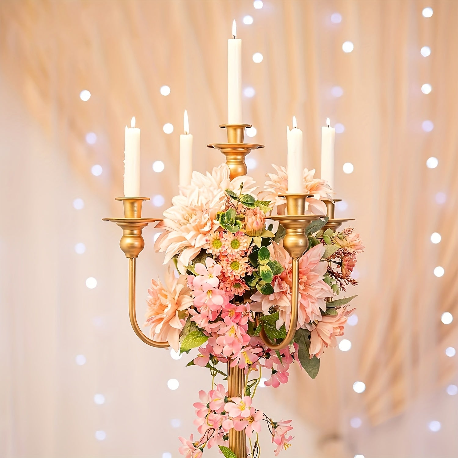 1pc Elegant 5-Arms Golden Metal Candelabra, Floor Mount Floral Centerpiece Stand