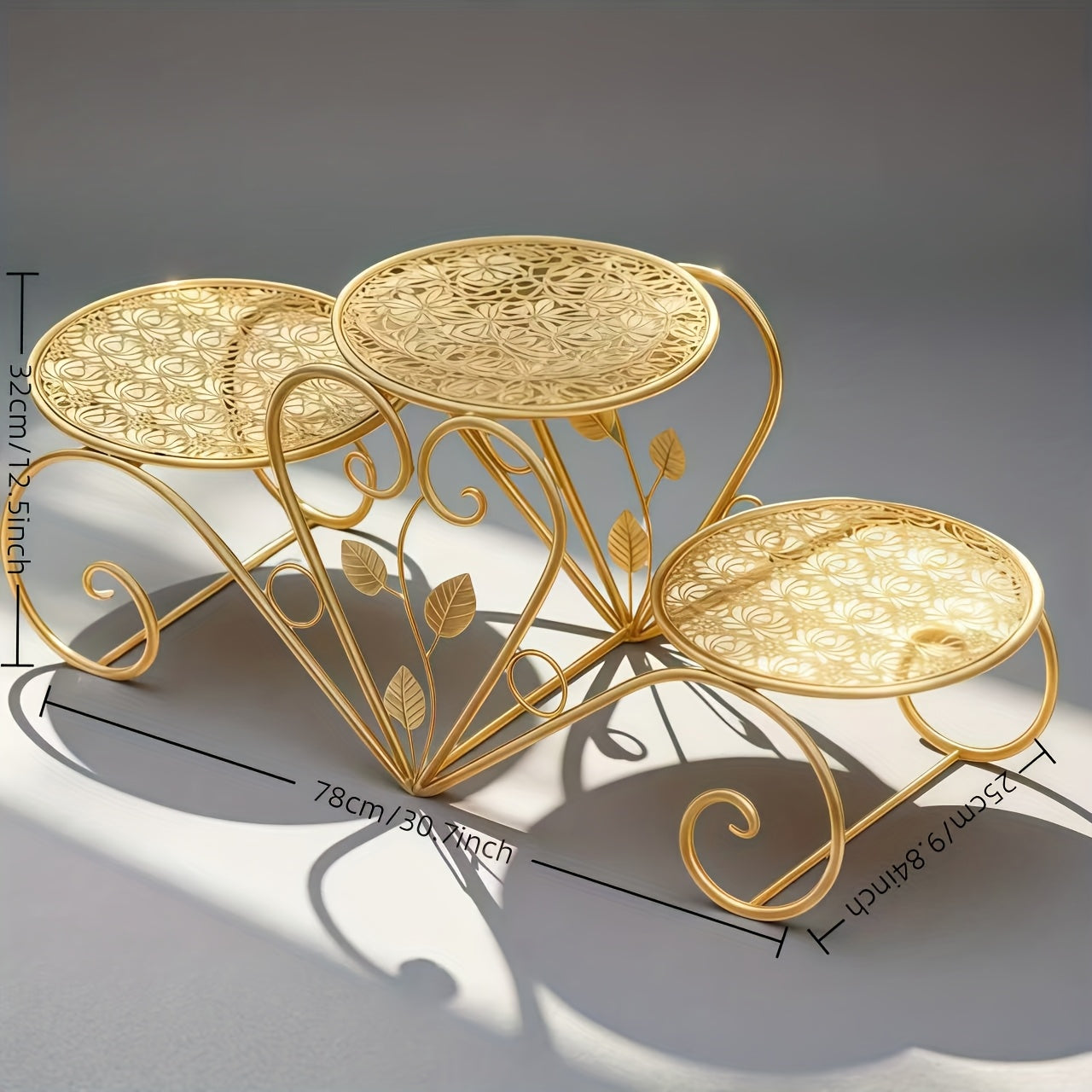 Sturdy Iron 3-Tier Decorative Stand with Curved Legs & Ornamental Leaf-like Patterns - Golden Metal Display Tray for Coffee Table, Wedding, Birthday, Christmas, Thanksgiving - Reusable Non-Food Serving Centerpiece