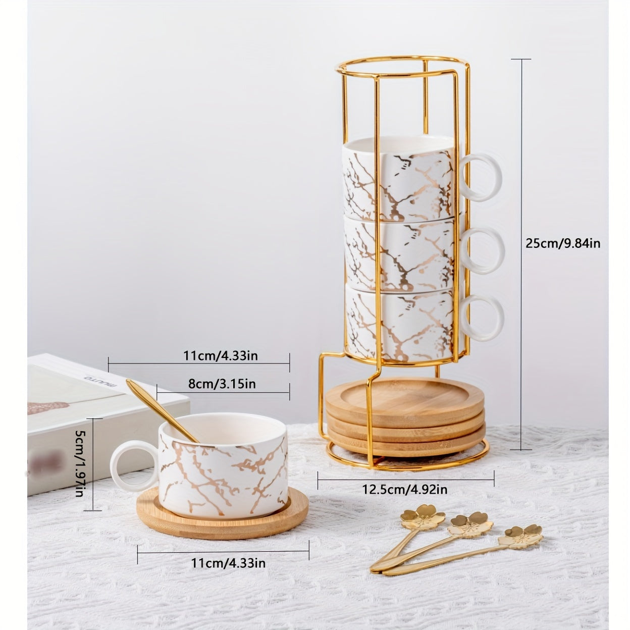 180ml ceramic coffee cups Stackable mugs marble design set of 4 cups with wooden saucer and gold stand