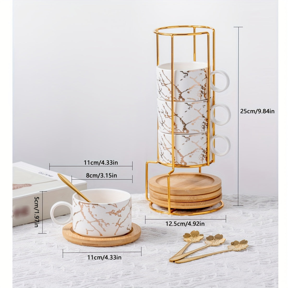 180ml ceramic coffee cups Stackable mugs marble design set of 4 cups with wooden saucer and gold stand