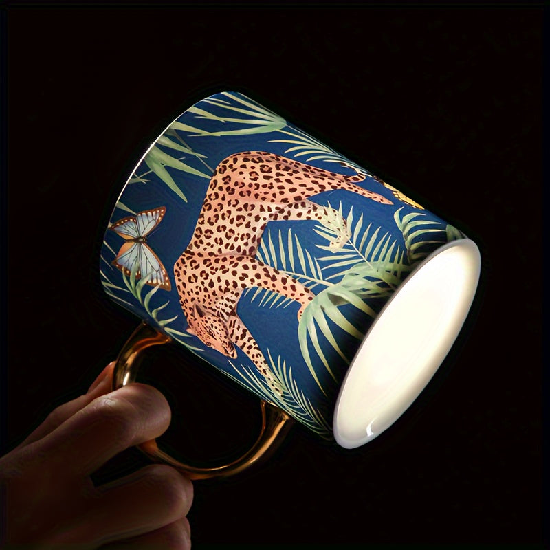 Animal Print Bone China Coffee Mug, 350ml/12.3oz Cheetah & Butterfly Design, Hand Wash Only, Insulated, Non-Slip, Reusable, Lead-Free, with Matching Spoon, for Multipurpose Use, Ideal for Christmas, Halloween, Thanksgiving, E