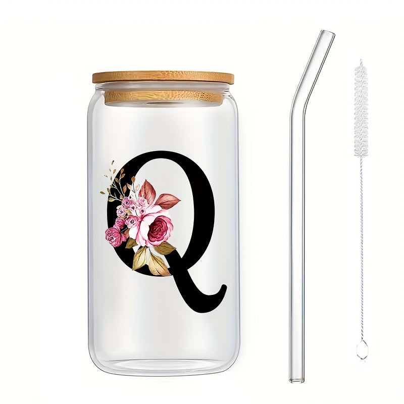 16oz Glass Coffee Mug with Bamboo Lid & Straw - A-Z Letter Design, Perfect for Office & Home Use, Ideal Birthday or Holiday Gift for Women