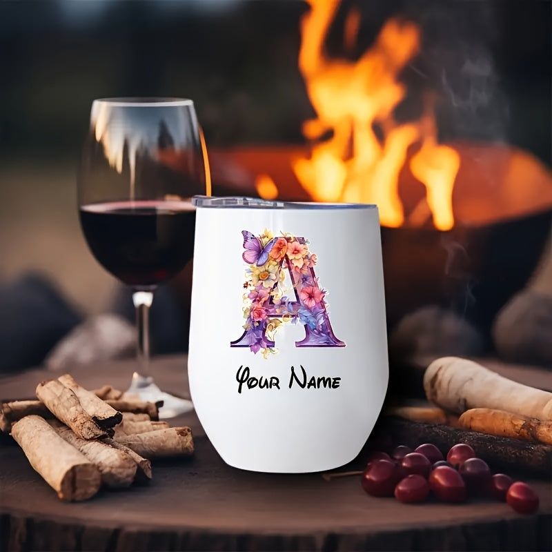 Customizable Stainless Steel Insulated Tumbler with Floral Alphabet Design, Reusable, Ideal for Office, Camping, Travel, with Personalized Gift for Loved Ones, Family, Friends, for Christmas, Valentine's, Ramadan, Graduation,