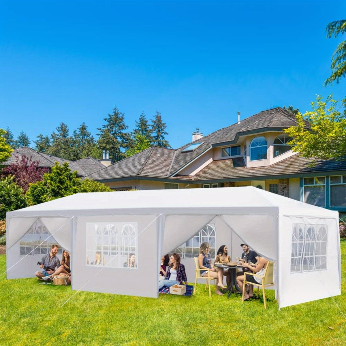 Bonnol Extra Large 3x9m White Gazebo with 8 Removable Side Walls - Heavy-Duty PE Roof & Sturdy Iron Frame, UV 50+ Sun Protection, Wedding/Party/Market Tent with Easy Setup, Spacious Canopy for Events, Durable Garden Pavilion,