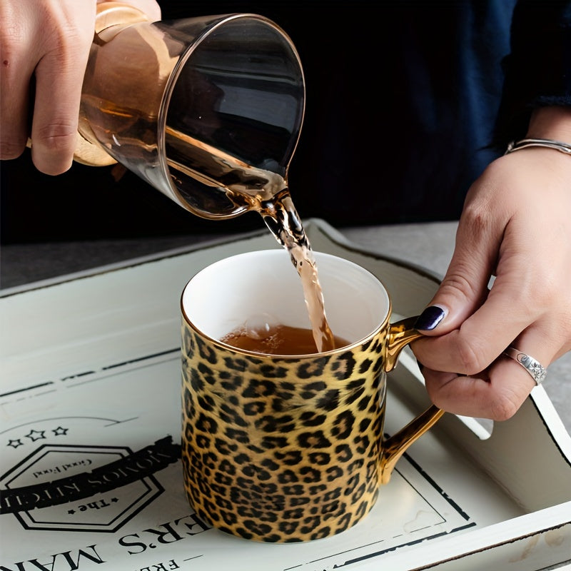 1pc Luxury European Style Gold-Plated Bone China Coffee Mug, Leopard Print Animal Theme, Round Shape, Freeze Safe, Hand Wash Only, Reusable Cup for Home Decor, Wedding, Mother'S Day, Valentine's, Thanksgiving, Halloween, East