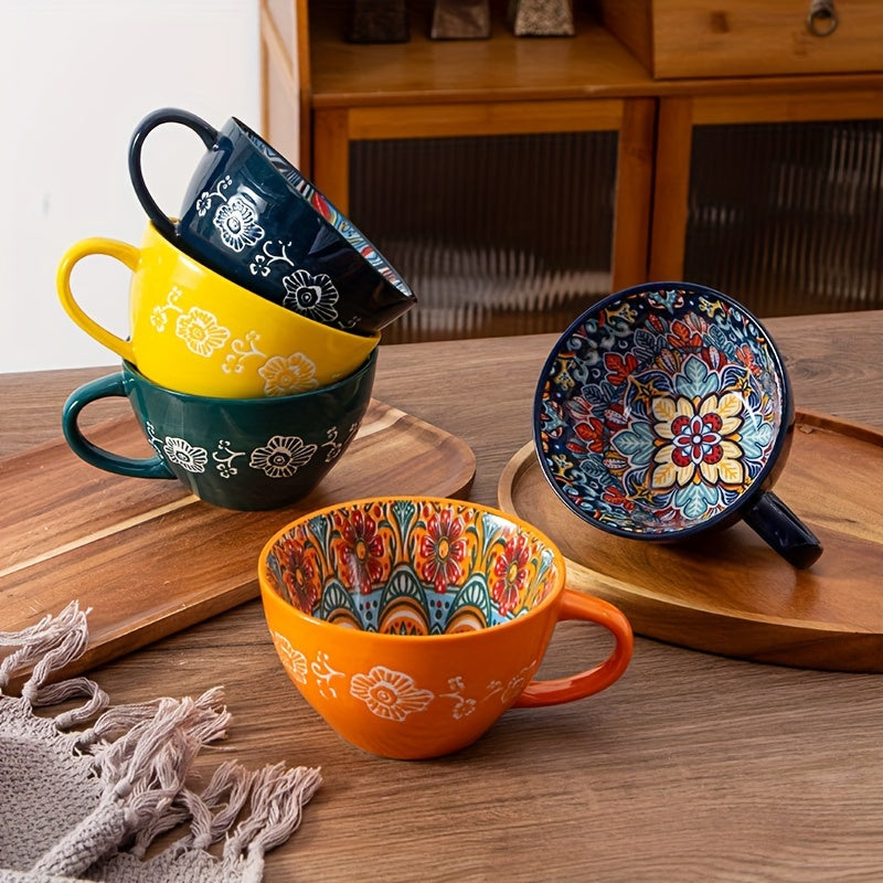 1PC 15OZ Bohemian Ceramic Coffee Mug, Large Capacity, Insulated, Machine Washable, Reusable Multipurpose Cup for Microwave Heating Milk & Coffee
