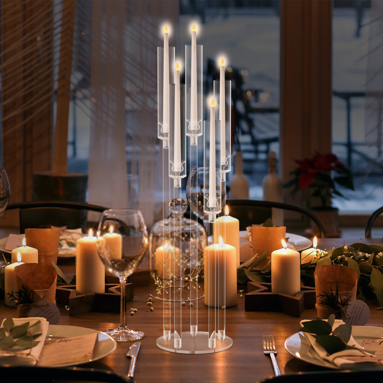 4pcs Candle Holder Centerpiece, High Candle Holder, Clear Candle Cone Candle Holder Holder, 5 Arm Candle Holder Holder with Acrylic Lampshade, Wedding Dinner Candle Ornament (Note that this is an electronic candle holder, can