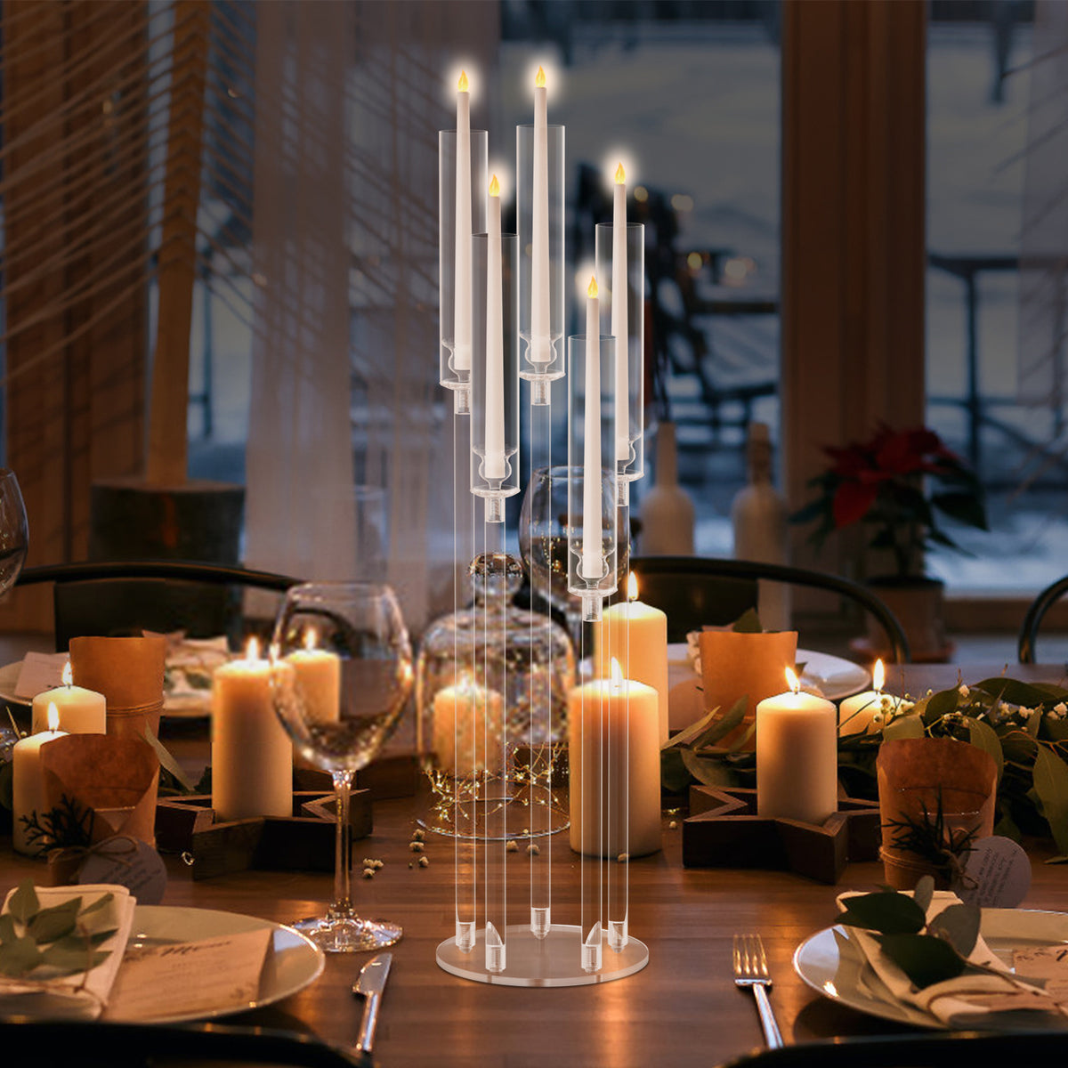 4pcs Candle Holder Centerpiece, High Candle Holder, Clear Candle Cone Candle Holder Holder, 5 Arm Candle Holder Holder with Acrylic Lampshade, Wedding Dinner Candle Ornament (Note that this is an electronic candle holder, can
