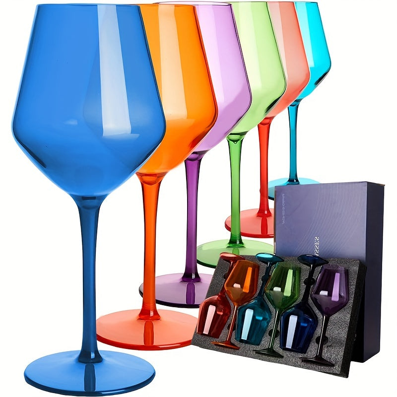 6pcs Colorful Unbreakable Wine Glass Set, 15oz Tritan Plastic Goblets with Long Stems - Dishwasher Safe, Perfect for Parties, Weddings & Outdoor Events