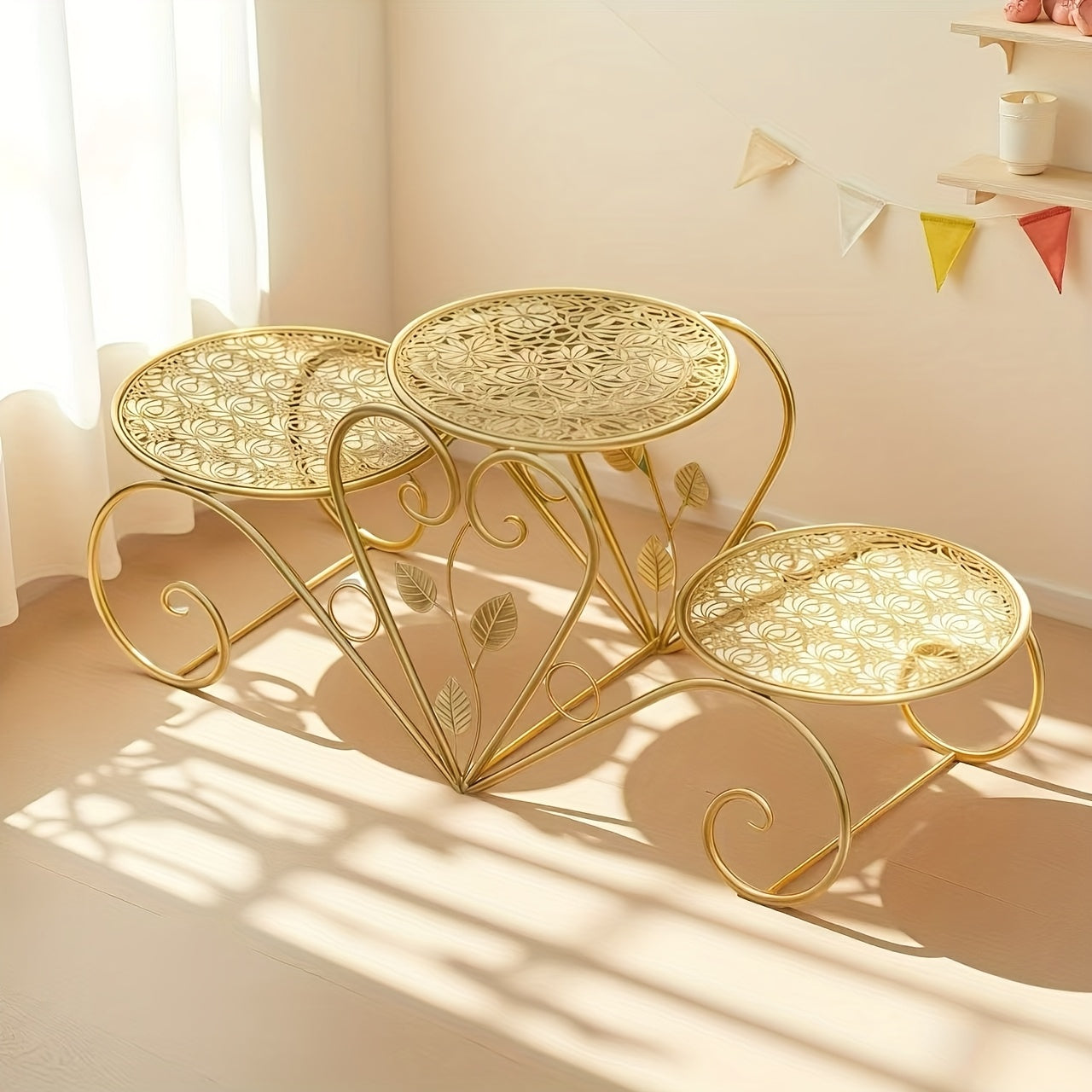Sturdy Iron 3-Tier Decorative Stand with Curved Legs & Ornamental Leaf-like Patterns - Golden Metal Display Tray for Coffee Table, Wedding, Birthday, Christmas, Thanksgiving - Reusable Non-Food Serving Centerpiece