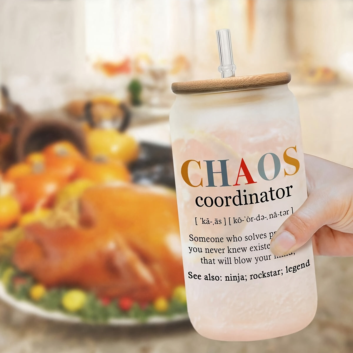 Chaos Coordinator 16oz Glass Tumbler with Bamboo Lid and Straw - English Alphabet Print, Hand Wash Only, Glass Canister for Juice, Iced Coffee, Multipurpose - Reusable & Recyclable Glass Jar, Ideal for Birthday Gifts, New Yea