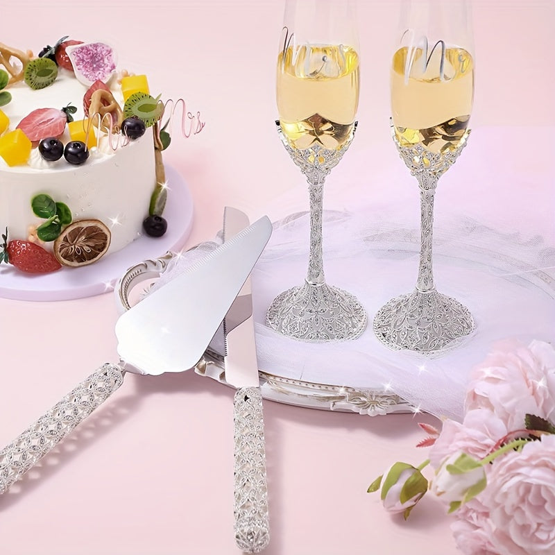 4Pcs Wedding Champagne Flutes And Cake Knife Server Set, Toasting Crystal Rhinestone Champagne Flutes Glass Cake Knife Pie Server Wedding Gift For Couple Bride Groom, Wedding Reception Supplies, Champagne Glass For Anniversar