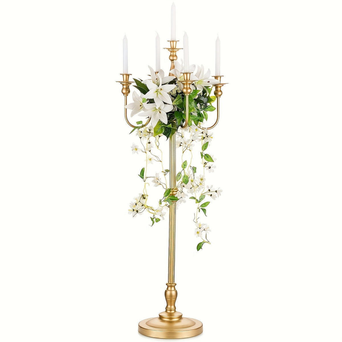 1pc Elegant 5-Arms Golden Metal Candelabra, Floor Mount Floral Centerpiece Stand