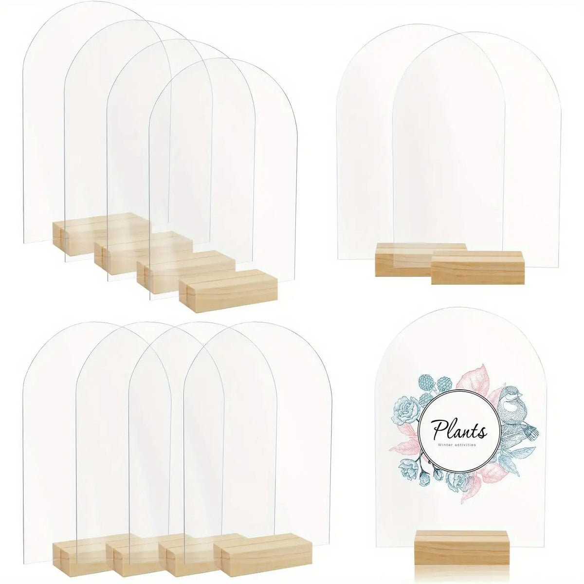 20 Elegant Arched Acrylic Signs with Wooden Stands- 10.16x15.24cm Transparent Plates for Table Numbers, Event Signs.