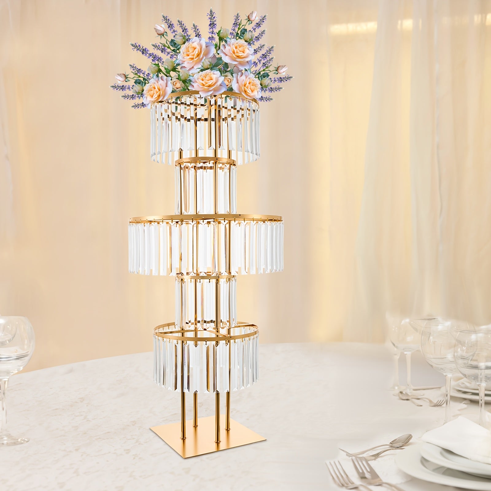 [2D Flat] 5-Tier Golden Wedding Flower Stand with Clear Acrylic Tiers - Elegant Round Centerpiece for Parties, Birthdays, and Events - 110cm Height, Square Base, Easy Assembly Required, Wedding Decorations