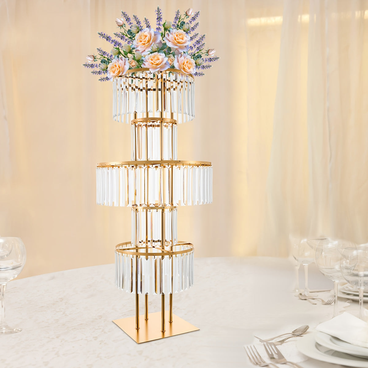 [2D Flat] 5-Tier Golden Wedding Flower Stand with Clear Acrylic Tiers - Elegant Round Centerpiece for Parties, Birthdays, and Events - 110cm Height, Square Base, Easy Assembly Required, Wedding Decorations