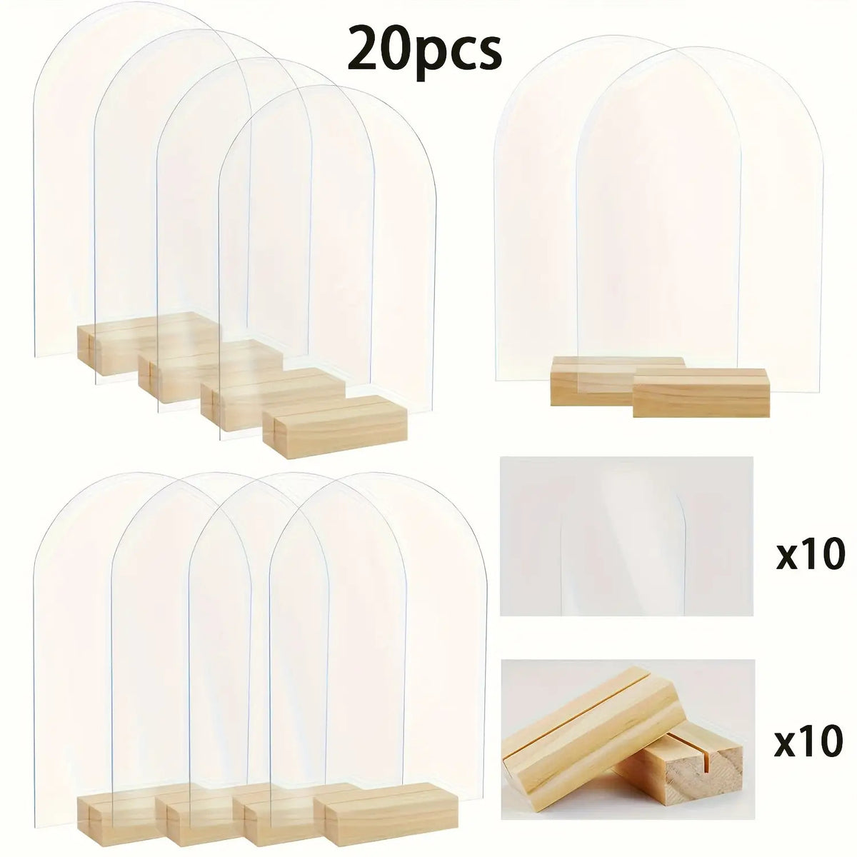 20 Elegant Arched Acrylic Signs with Wooden Stands- 10.16x15.24cm Transparent Plates for Table Numbers, Event Signs.