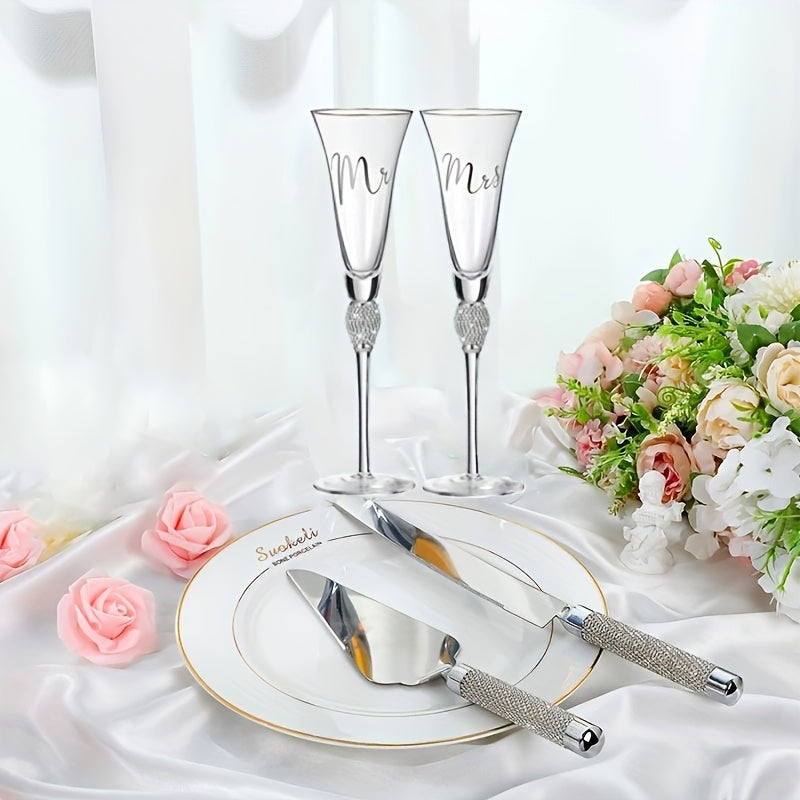 4pcs/Set, Wedding Cake Knife And Sever Set, Wedding Champagne Flutes With Mr And Mrs Letter, Crystal Champagne Glasses Cake Knife Pie Server For Bride And Groom, Cake Cutting Set For Wedding, Great Gifts For Couple Anniversar