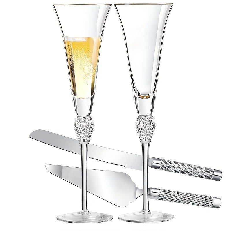 4Pcs/Set,Wedding Champagne Flutes And Cake Knife Server Set, Champagne Flutes Glasses Mr And Mrs Gifts, Cake Cutting Set For Wedding, Bride And Groom Toasting Glasses, Wedding Reception Supplies,for Couple Anniversary Bride S