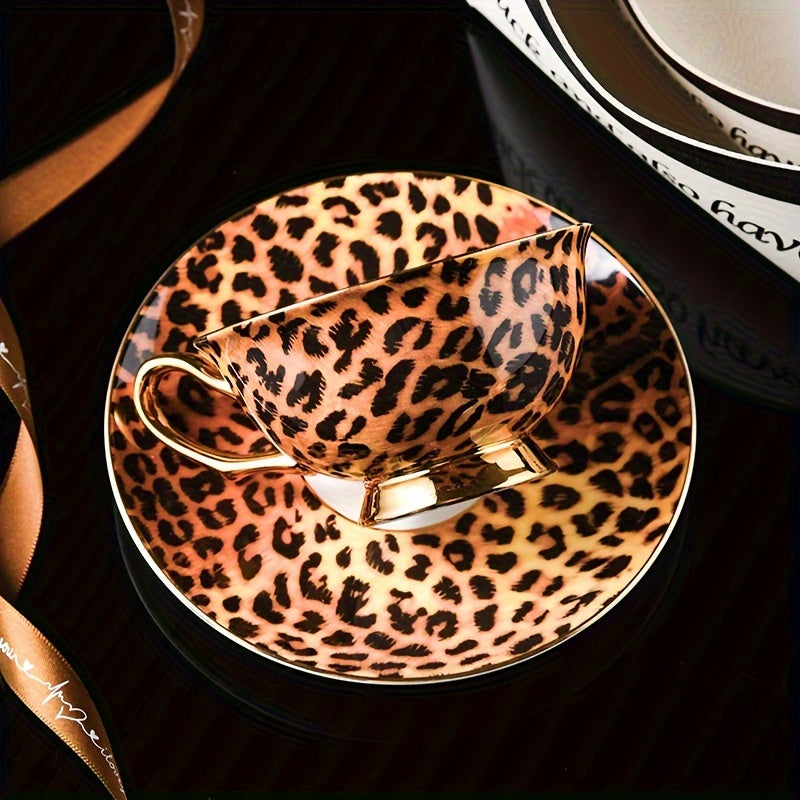 Luxurious Leopard Print Tea Set: Elegant Bone China Cup And Saucer with Golden Trim, Perfect for a Stylish Afternoon Tea