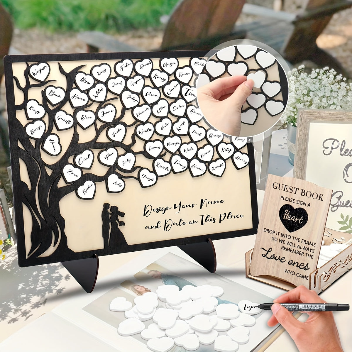 1set Wedding Guest Book Alternative, Guest Book Wedding Reception with Wooden Hearts Guest Book Signs