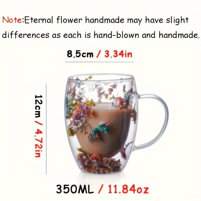 [Popular Choice] Vintage 350ml Double-Walled Glass Cup with Dried Flowers, Reusable Coffee and Whiskey Cup for Iced Drinks, Coffee Mug, Creative, 1pc Set