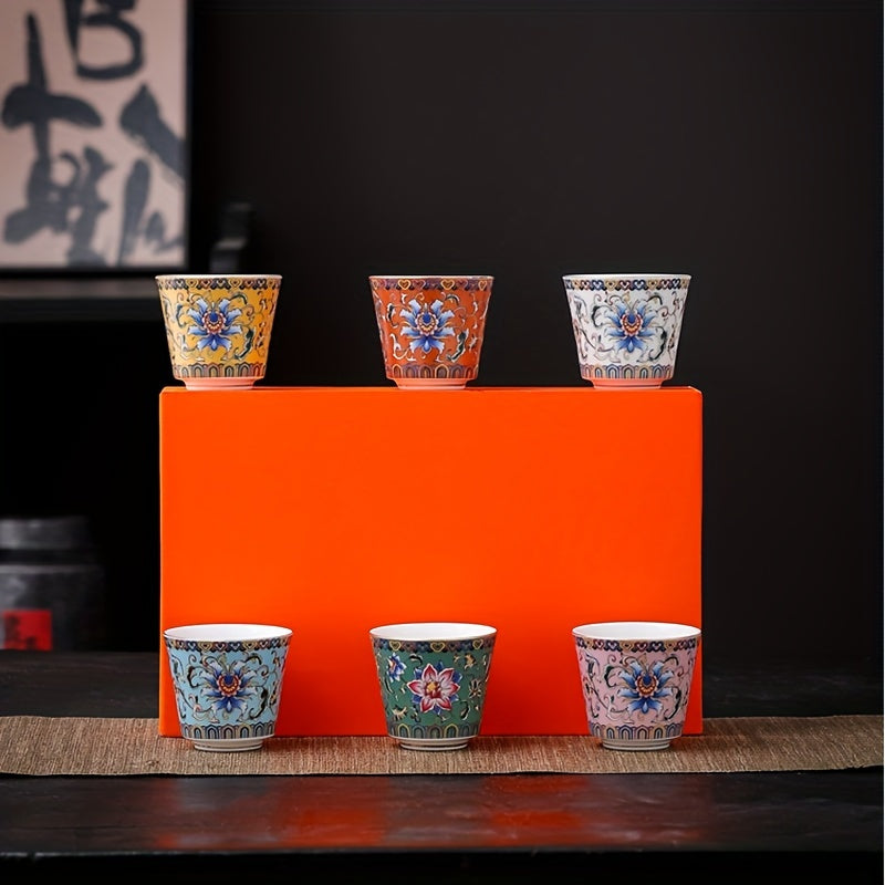 Timeless Appeal, Elegant Floral Enamel Tea Cup Set - 6 Ceramic Tea Cups with Gift Box, Reusable & Handwash Only, Perfect for Home, Office, and Restaurant Use