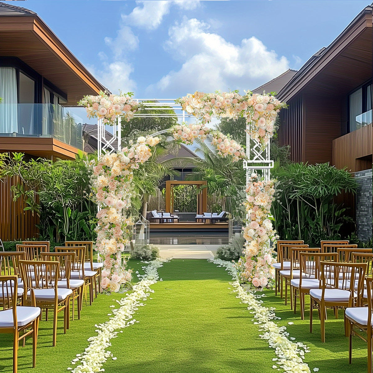 260*259cm Heavy Duty Metal Wedding Arch Backdrop Stand - Large Square Garden Arbor with Sturdy Base, Elegant & Golden Floral Design