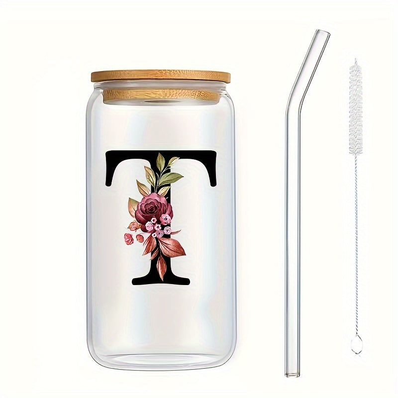 16oz Glass Coffee Mug with Bamboo Lid & Straw - A-Z Letter Design, Perfect for Office & Home Use, Ideal Birthday or Holiday Gift for Women