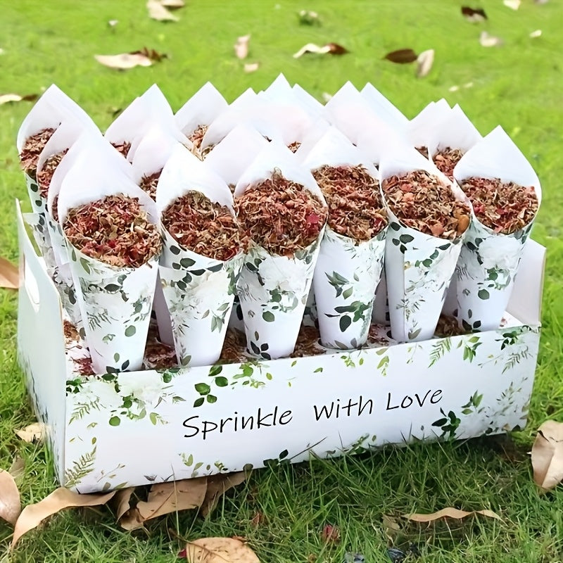 1 Set Green Leaf Kraft Paper Wedding Confetti Cone Kit, Includes Conical Stand Boxes and Trays with Tapered Papers for Natural Petals & Colorful Shreds, Perfect as Party Table Centerpiece Highlight in Rustic Style or Ideal Ch