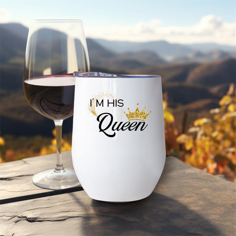 2pcs 12oz Cute Wine Glasses with Lid Printed with I'M HIS Queen/HER King Pattern, Stainless Steel Coffee Cups, Suitable for Christmas and Valentine's Day Gifts for Your Partner