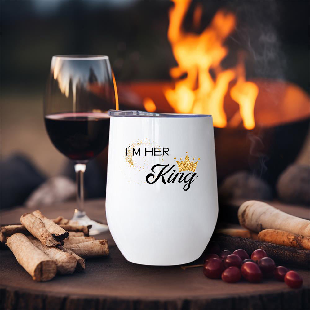 2pcs 12oz Cute Wine Glasses with Lid Printed with I'M HIS Queen/HER King Pattern, Stainless Steel Coffee Cups, Suitable for Christmas and Valentine's Day Gifts for Your Partner