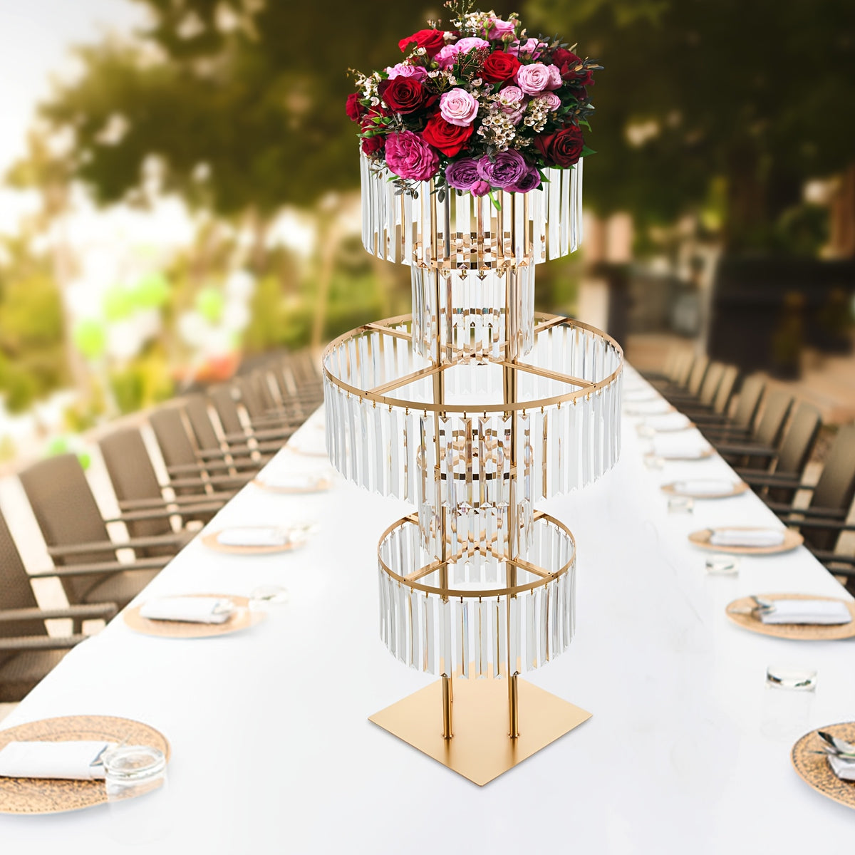 [2D Flat] 5-Tier Golden Wedding Flower Stand with Clear Acrylic Tiers - Elegant Round Centerpiece for Parties, Birthdays, and Events - 110cm Height, Square Base, Easy Assembly Required, Wedding Decorations
