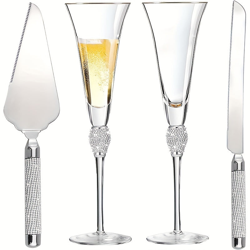 4Pcs/Set,Wedding Champagne Flutes And Cake Knife Server Set, Champagne Flutes Glasses Mr And Mrs Gifts, Cake Cutting Set For Wedding, Bride And Groom Toasting Glasses, Wedding Reception Supplies,for Couple Anniversary Bride S