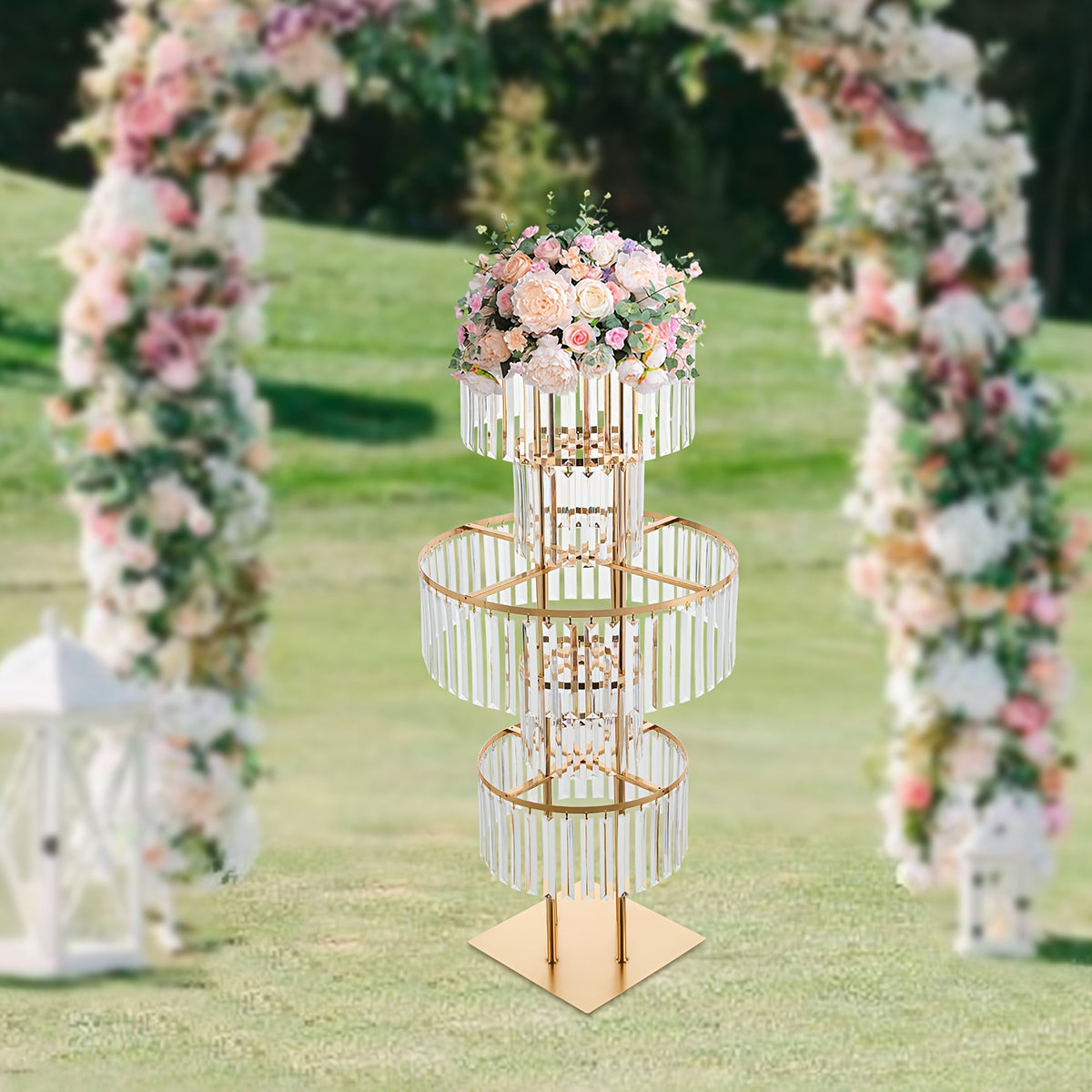 [2D Flat] 5-Tier Golden Wedding Flower Stand with Clear Acrylic Tiers - Elegant Round Centerpiece for Parties, Birthdays, and Events - 110cm Height, Square Base, Easy Assembly Required, Wedding Decorations