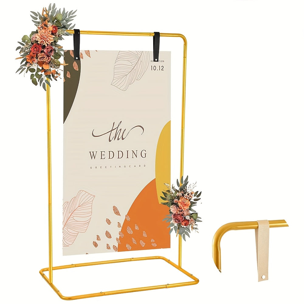Elegant Golden Wedding Reception Arch Support Stand with Floral Design - Adjustable Square Frame for "The Wedding of Mr. & Mrs., " Perfect for Weddings, Engagements, Birthdays, and Events, Wedding Decorations