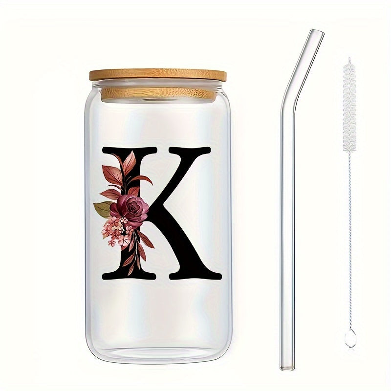 16oz Glass Coffee Mug with Bamboo Lid & Straw - A-Z Letter Design, Perfect for Office & Home Use, Ideal Birthday or Holiday Gift for Women
